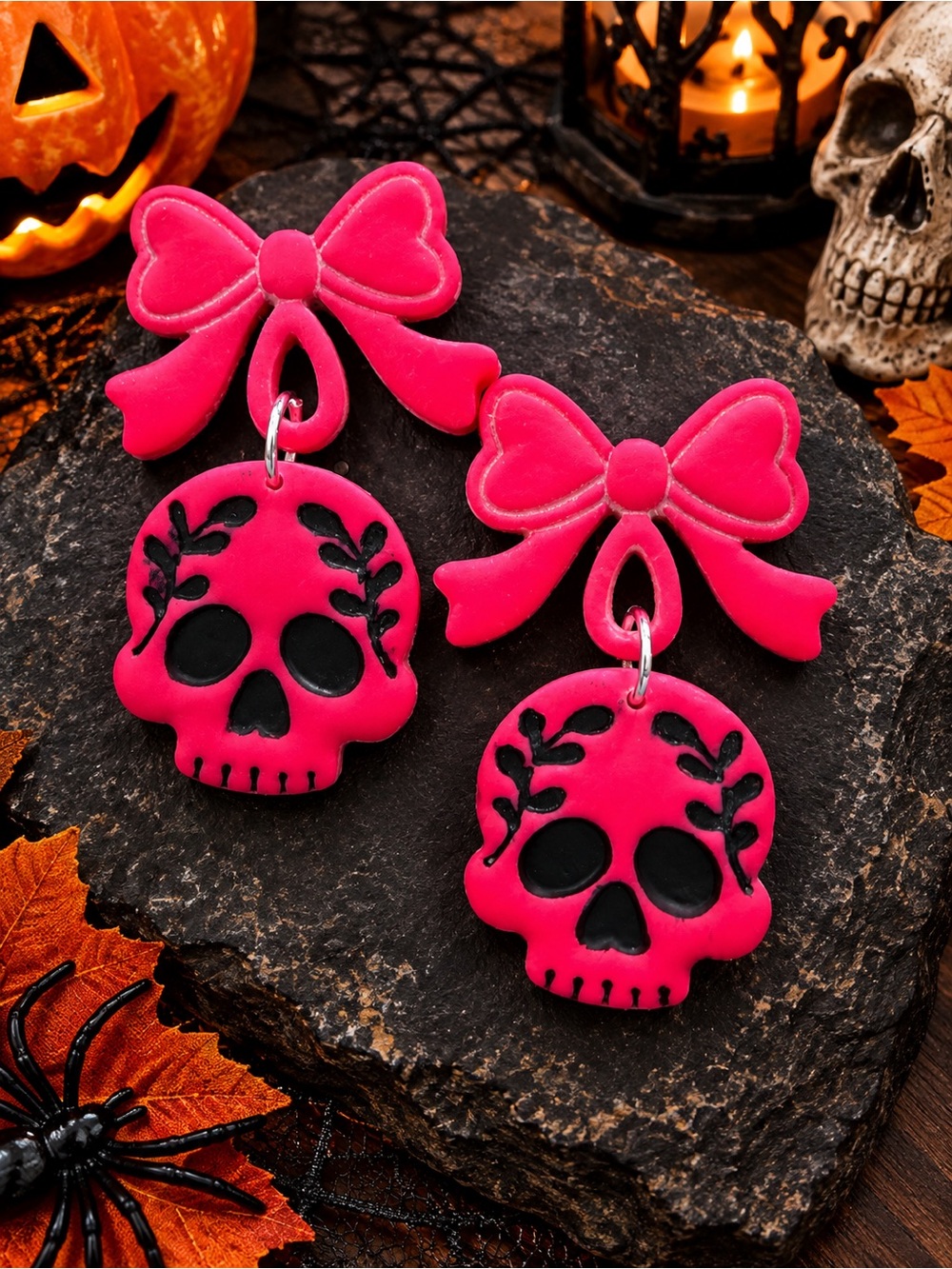 Pink Skull Bow Dangle Handmade Polymer Clay Earrings